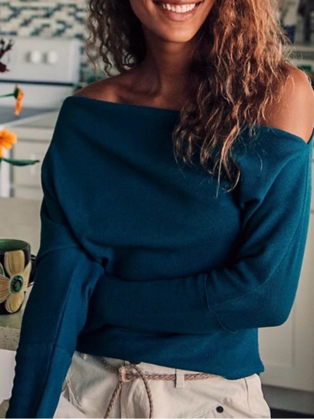We The Free Blue/Turquoise Fuji Thermal Off-the-Shoulder Knit - Size M